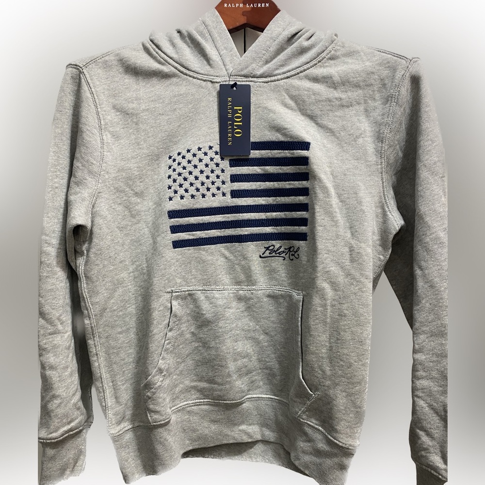 NWT….RL Grey Embroidered Flag Hoodie Sizes 6 8 & 10/12 🥳💙